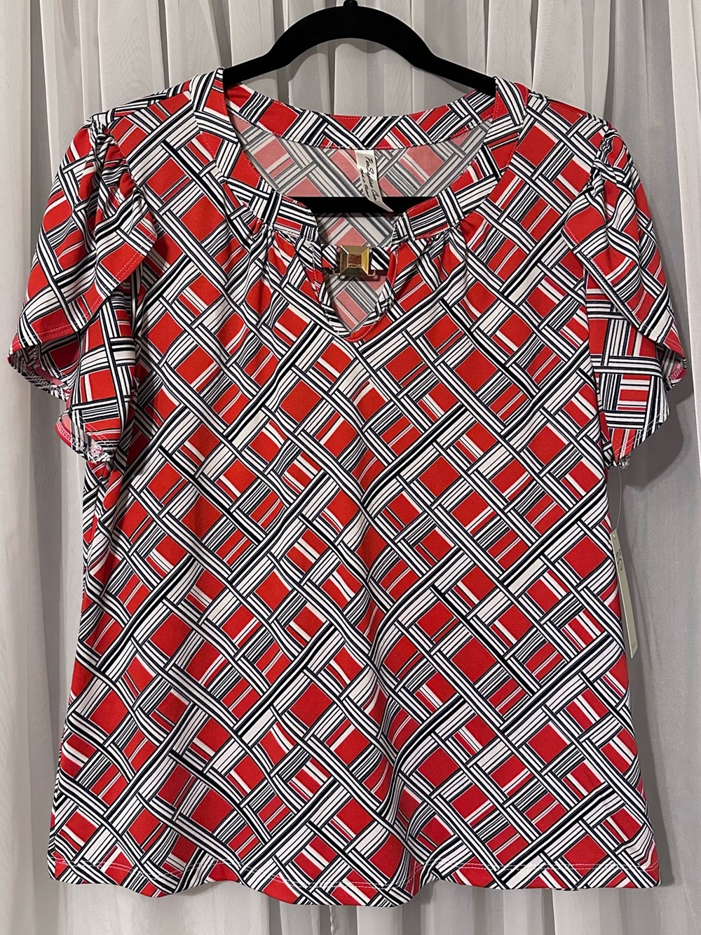 Perseption Concept Red Navy Basket Weave Tulip Sleeve With Keyhole Top Size M